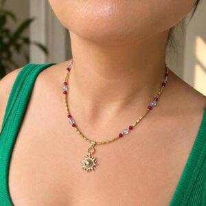 Ancient Ruby Sun Necklace (Natural Ruby, Crystal, Celestial, Handmade)